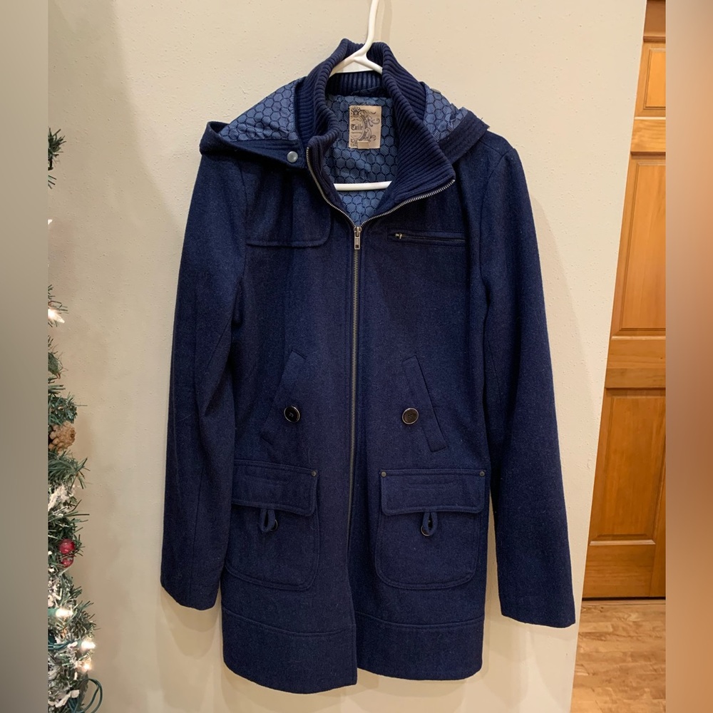 Anthropologie Wool Coat by Tulle Navy Blue Knit Collar